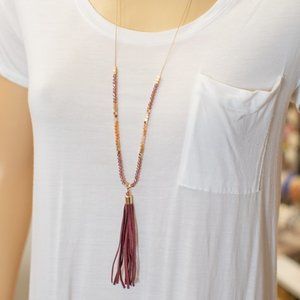 Long Gold Peach Burgundy Beaded Tassel Boho Festival Necklace